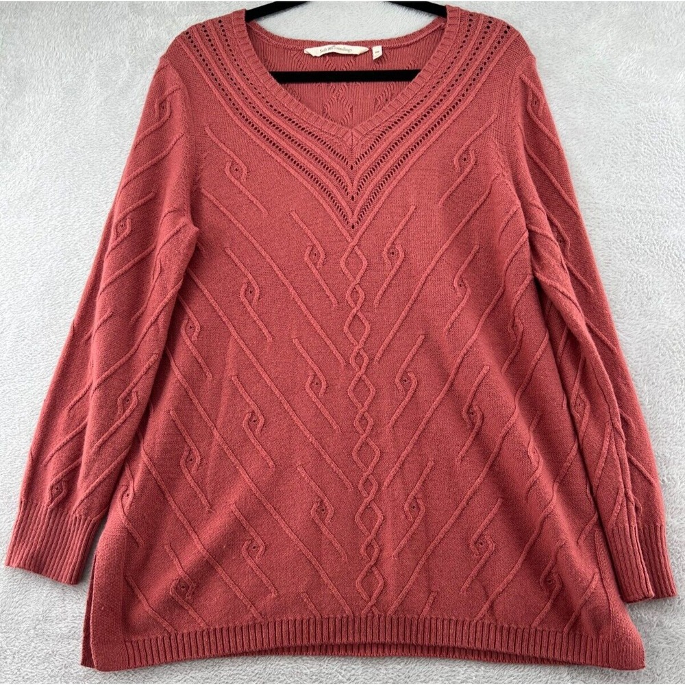 Soft Surroundings Sweater Womens P Medium V Neck Coral Color Cable Knit